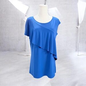 Tango Mango M Blue Asymmetrical Ruffle Top Short Sleeve Stretch Casual Feminine